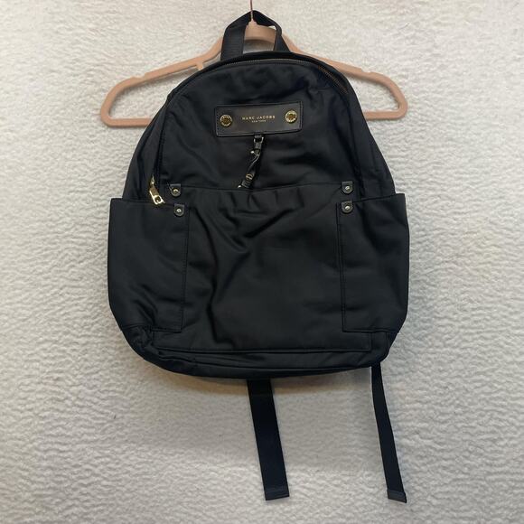 Marc Jacobs Nylon Backpack Black Gold Hardware M0012907 001 Logo Top Zip - Picture 1 of 16